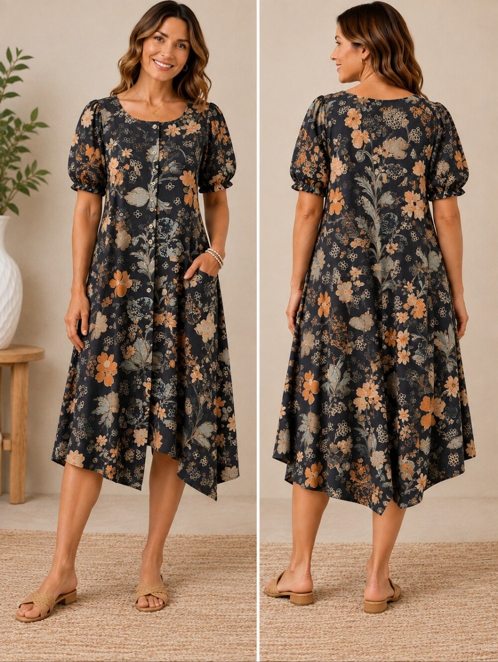 Bombay & Paisley Floral Cotton Button Front Dress Size L Boho A-262